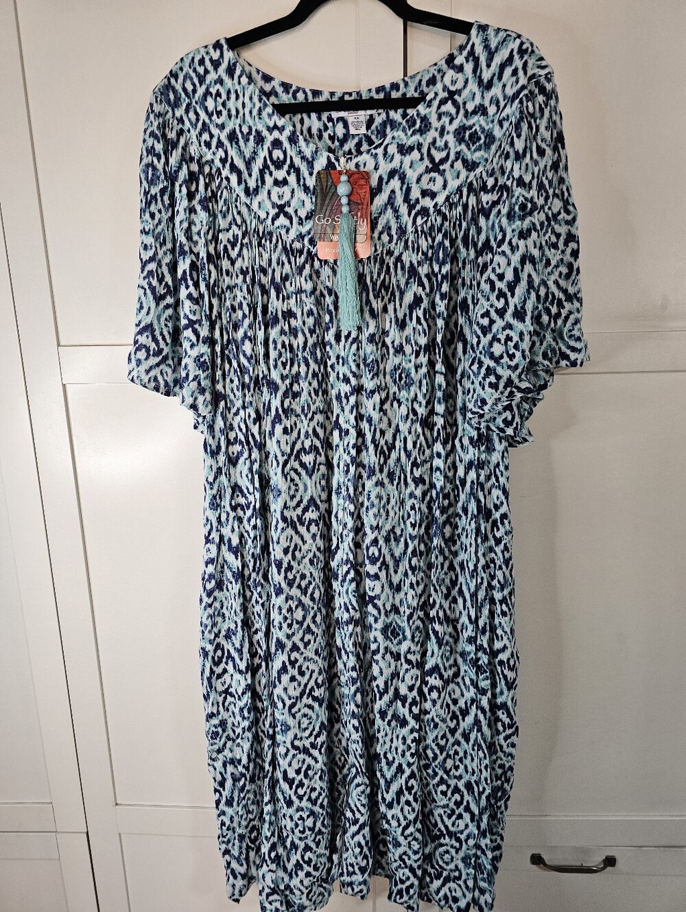 Go Softly Patio 3X 2-3x Midi Lounger Dress Blue Aqua Animal Print Rayon Boho NWT